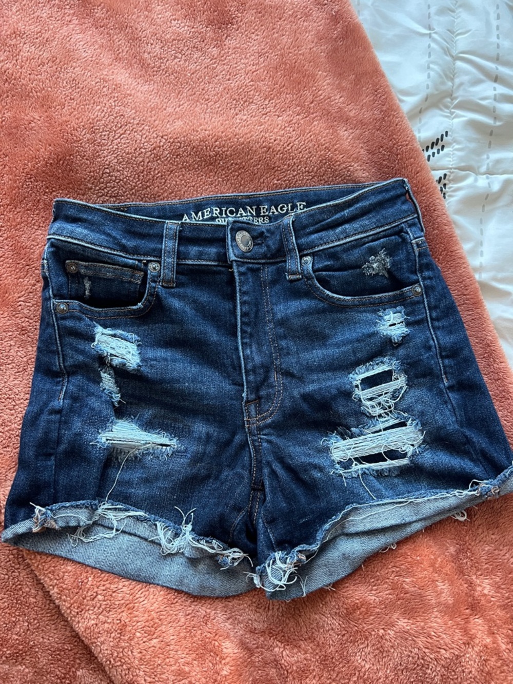 American Eagle Outfitters Dark Blue Distressed Denim Hi-Rise Shortie Shorts